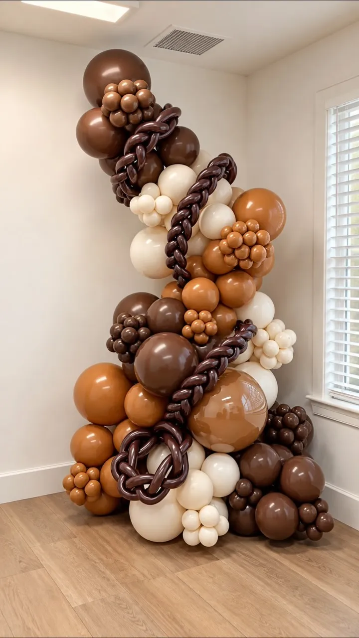 Tall organic balloon garland in brown, caramel and cream with braided accents