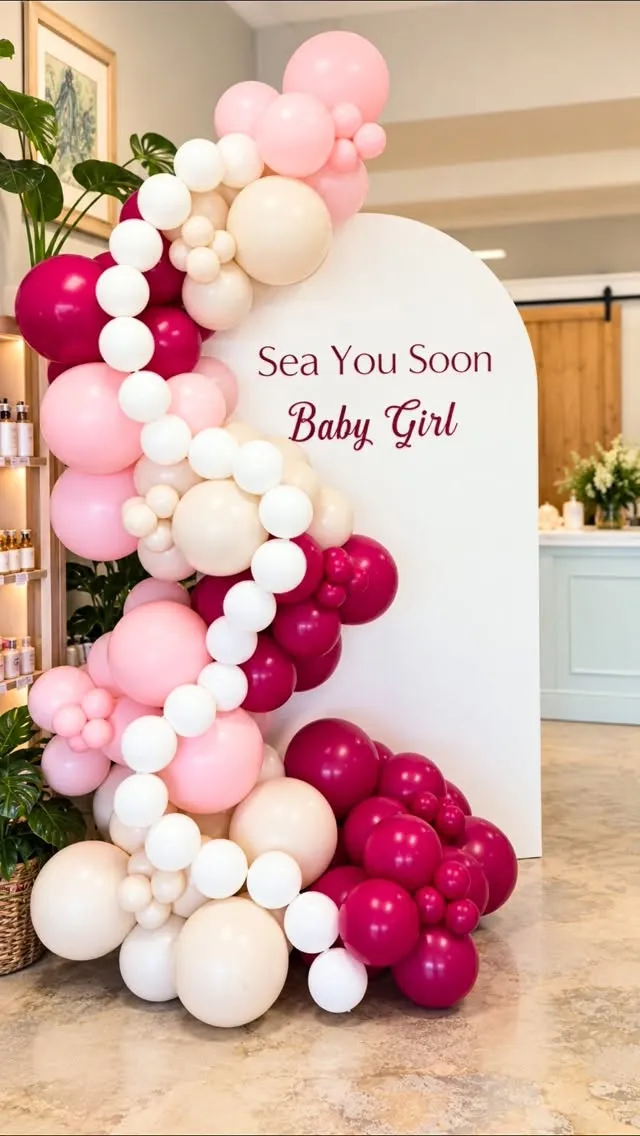 Pink, cream and burgundy balloon garland wrapped around an arched baby shower backdrop